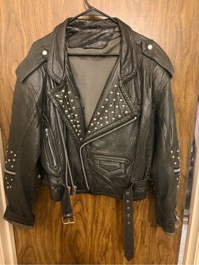 Studded Black Leather Biker Jacket - Women
